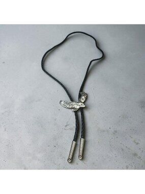 Silver Soaring Flying Eagle Bolo Tie Black Braided Leather Cord Western Necktie